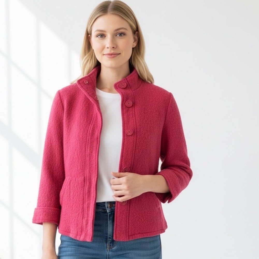 Chicos 100% Wool Jacket‎ Raspberry Red  Mock Neck Size Small Career Capsule 90s